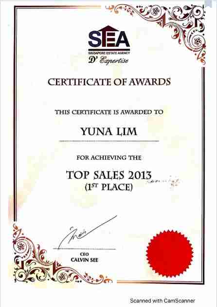 2013 certificate yuna Lim-property agent in singapore